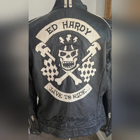 Vintage Ed Hardy Leather Skull Live To Ride Motorcycle Jacket - Picture 3 of 16